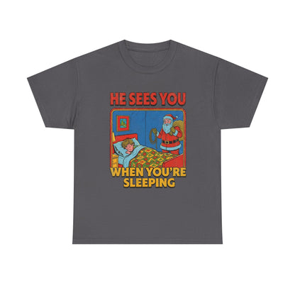Santa Sees You When You're Sleeping Vintage Horror Tee | Christmas Creepy Holiday