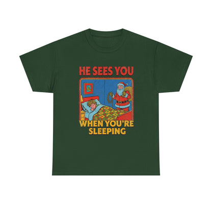 Santa Sees You When You're Sleeping Vintage Horror Tee | Christmas Creepy Holiday