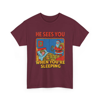 Santa Sees You When You're Sleeping Vintage Horror Tee | Christmas Creepy Holiday