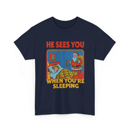 Santa Sees You When You're Sleeping Vintage Horror Tee | Christmas Creepy Holiday